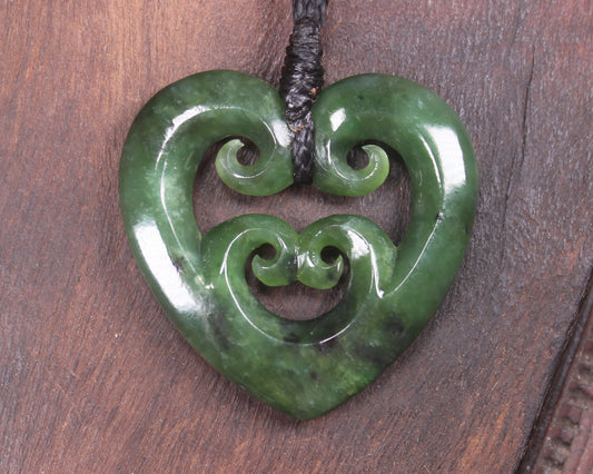 Heart with Koru carved from Kawakawa Pounamu - NZ Greenstone