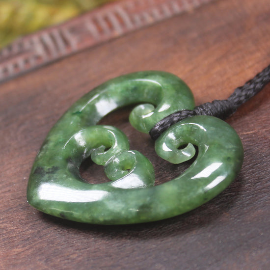 Heart with Koru carved from Kawakawa Pounamu - NZ Greenstone