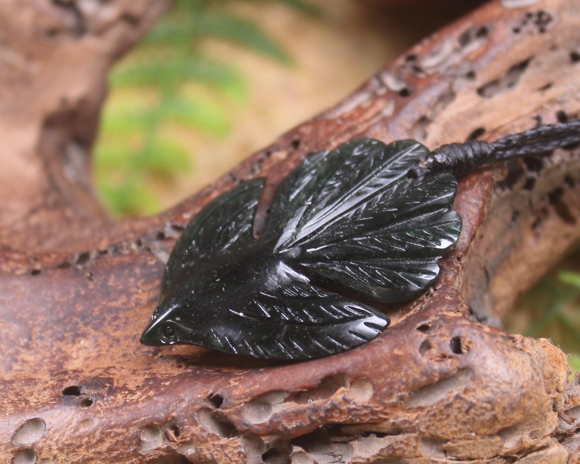 Pīwakawaka or Fantail Bird Pendant carved from Kawakawa Pounamu - NZ Greenstone