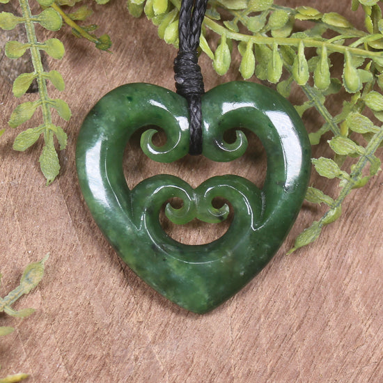 Heart with Koru carved from Kawakawa Pounamu - NZ Greenstone