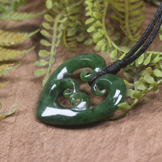 Heart with Koru carved from Kawakawa Pounamu - NZ Greenstone