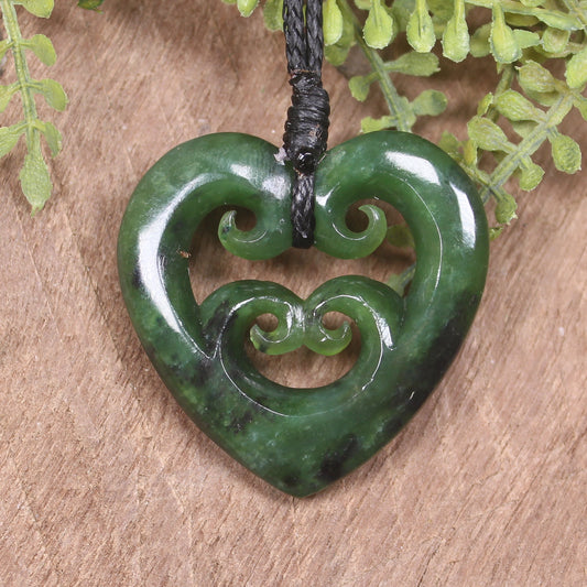Heart with Koru carved from Kawakawa Pounamu - NZ Greenstone