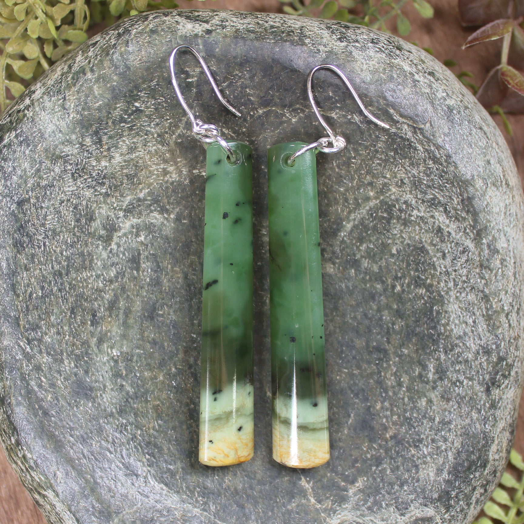 Roimata or Teardrop earrings carved from Flower Jade Pounamu - NZ Greenstone