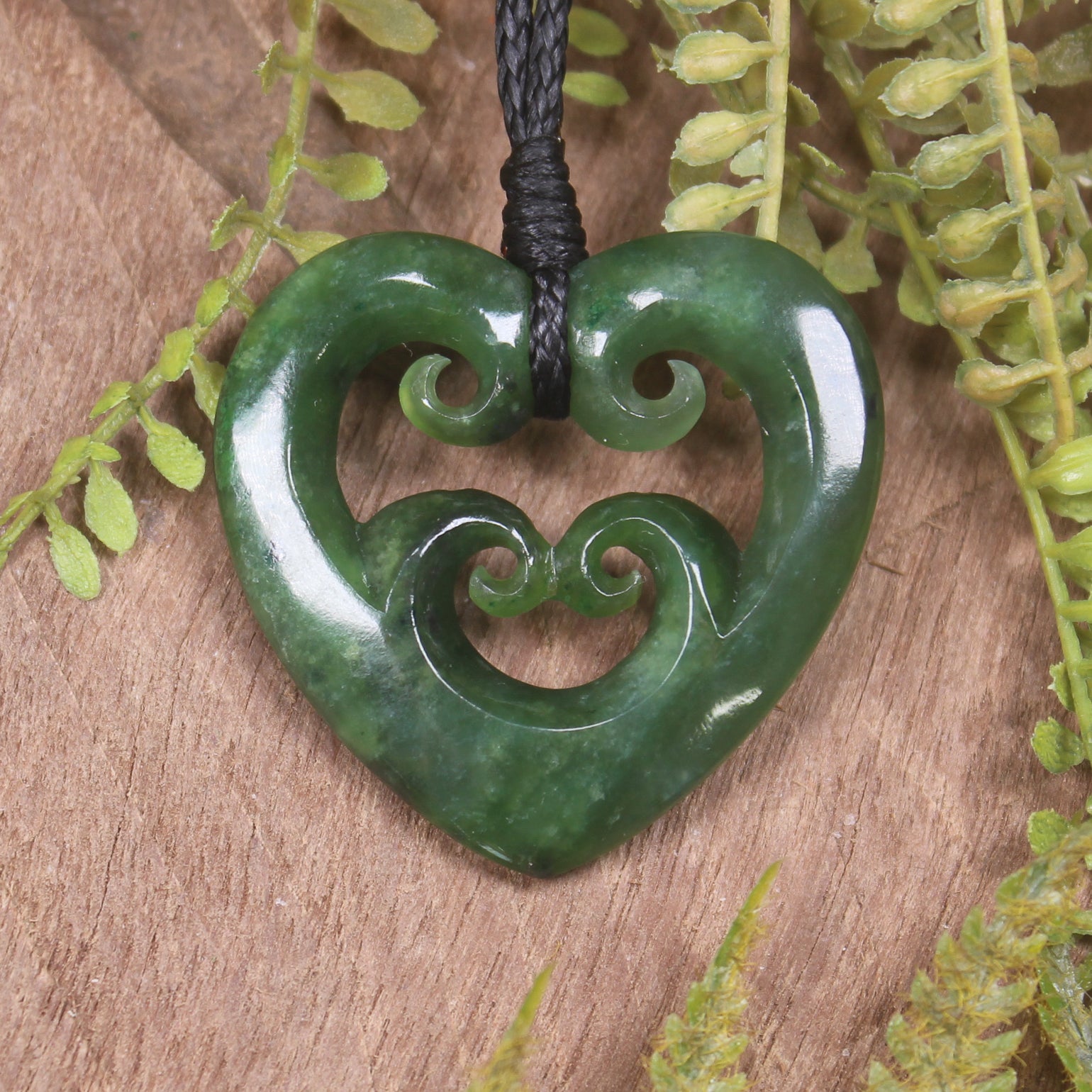 Heart with Koru carved from Kawakawa Pounamu - NZ Greenstone