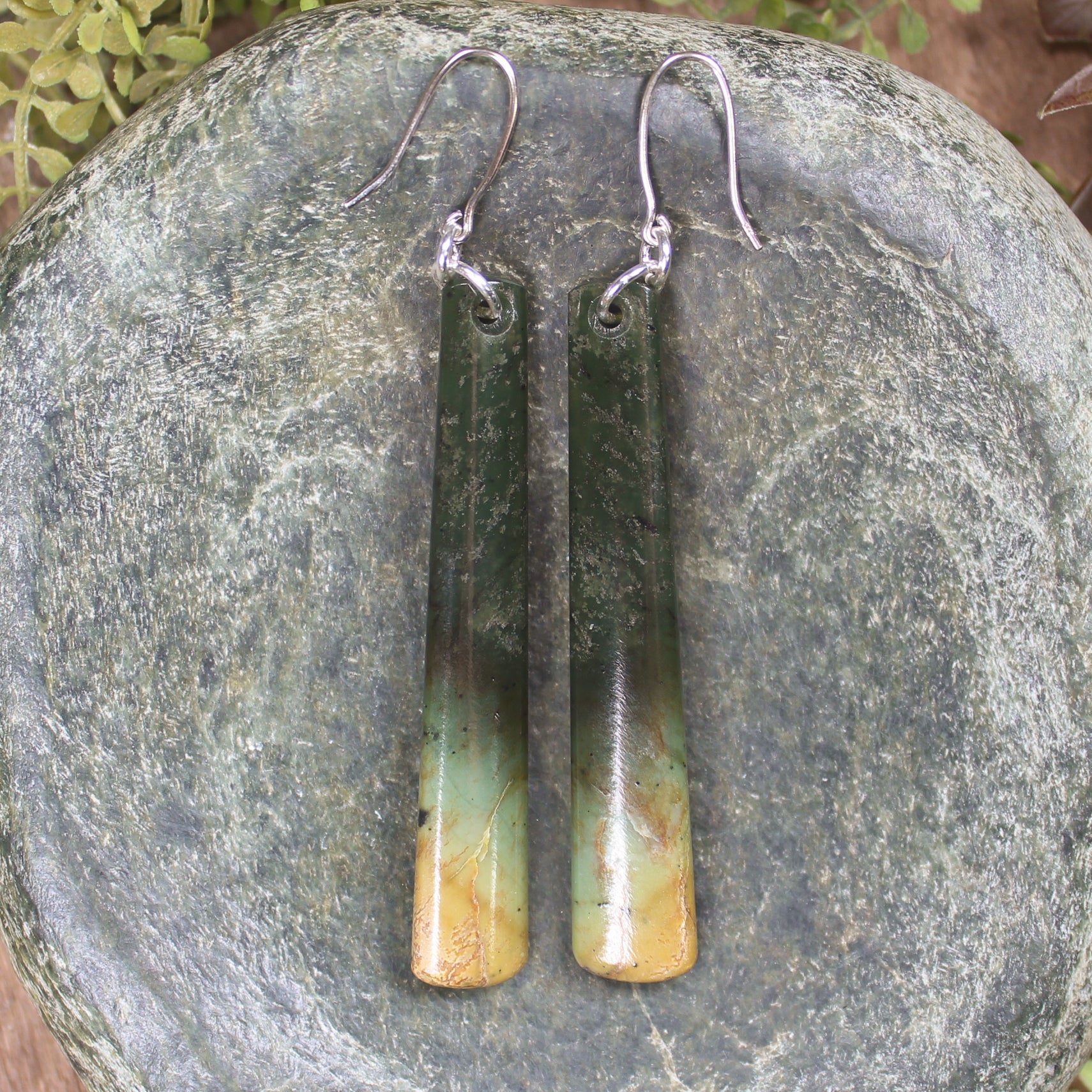 Roimata or Teardrop earrings carved from Flower Jade Pounamu - NZ Greenstone