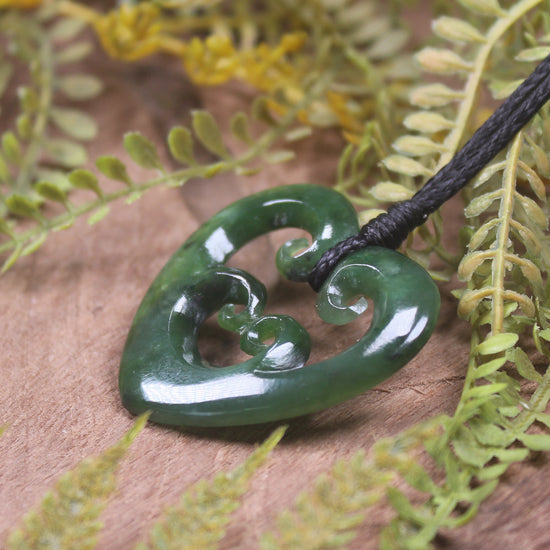 Heart with Koru carved from Kawakawa Pounamu - NZ Greenstone
