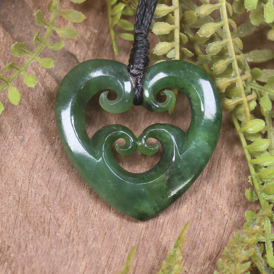 Heart with Koru carved from Kawakawa Pounamu - NZ Greenstone