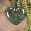 Heart with Koru carved from Kawakawa Pounamu - NZ Greenstone