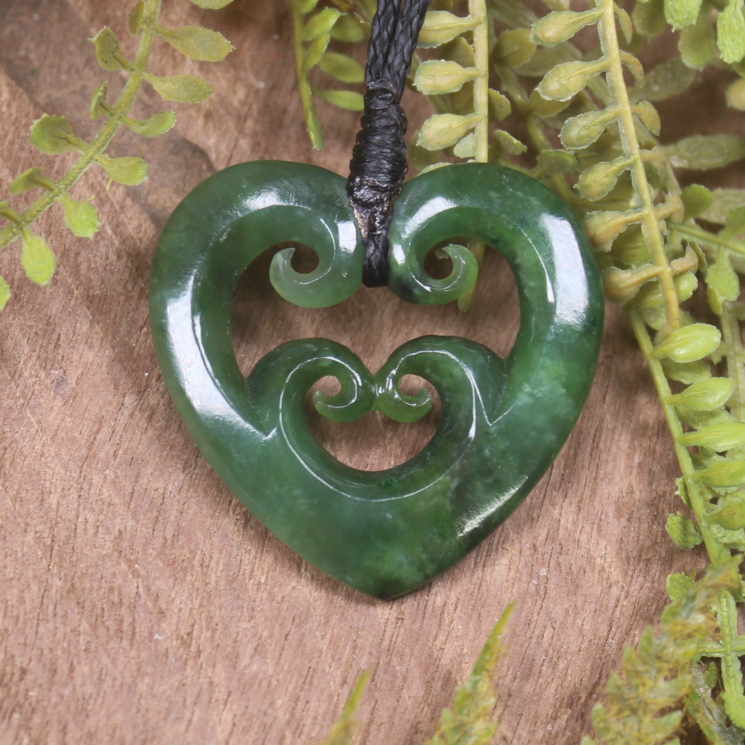 Heart with Koru carved from Kawakawa Pounamu - NZ Greenstone