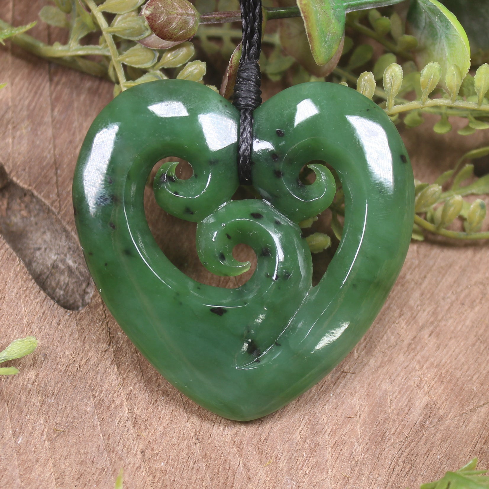 Heart with Koru carved from Hapopo Pounamu - NZ Greenstone