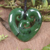 Heart with Koru carved from Hapopo Pounamu - NZ Greenstone