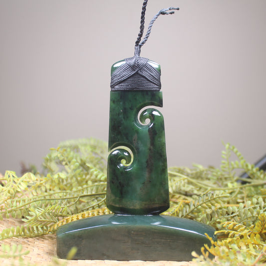Toki with Koru sculpture carved from Rimu Pounamu - NZ Greenstone
