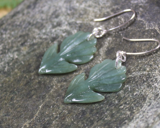 Pīwakawaka or Fantail Bird Earrings carved from Inanga Pounamu - NZ Greenstone