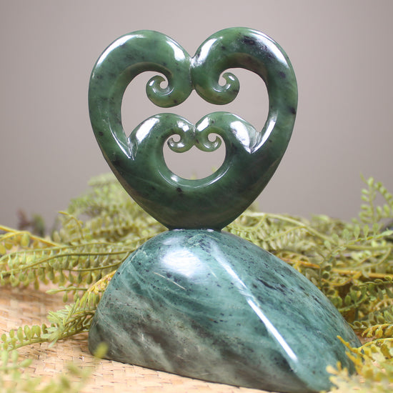 Koru heart sculpture carved from Hapopo Pounamu - NZ Greenstone