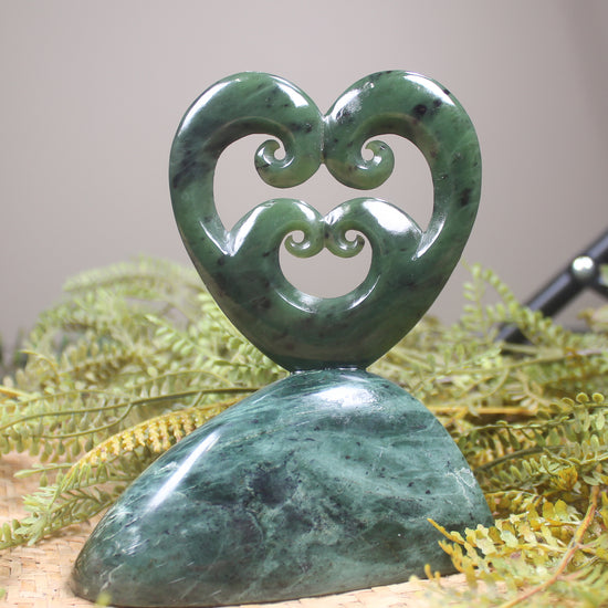Koru heart sculpture carved from Hapopo Pounamu - NZ Greenstone