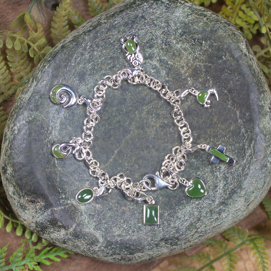 Sterling Silver Pounamu Charm Chain Bracelet