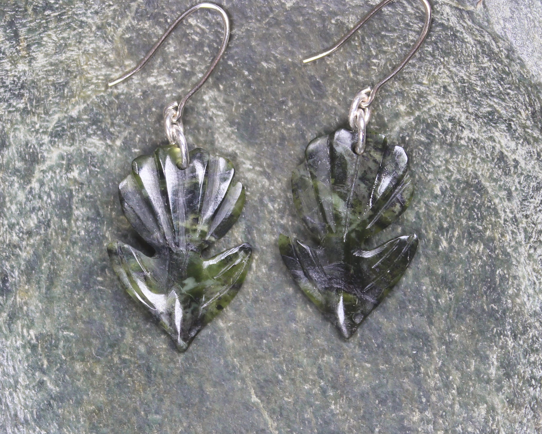 Pīwakawaka or Fantail Bird Earrings carved from Douglas Creek Pounamu - NZ Greenstone