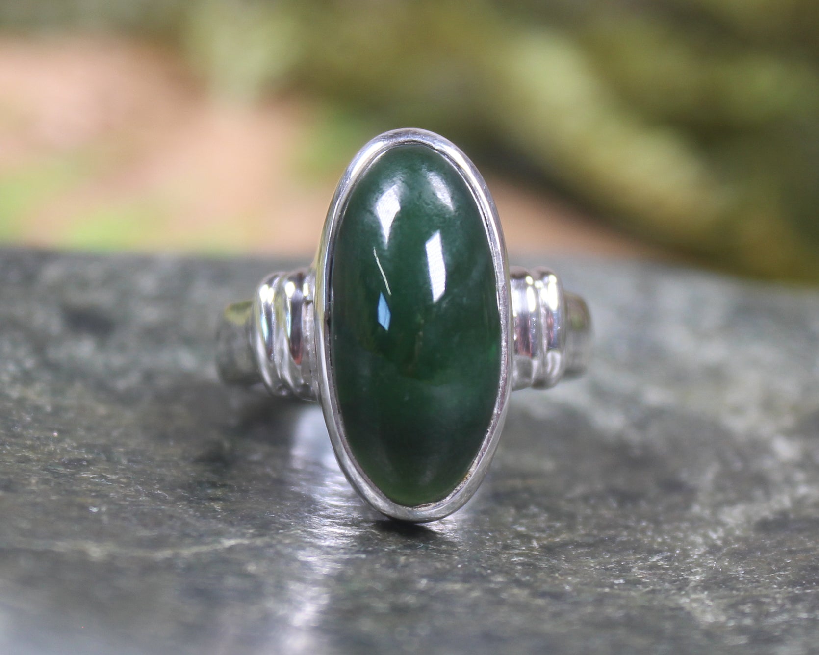 Sterling Silver Kawakawa Pounamu Ring - NZ Greenstone