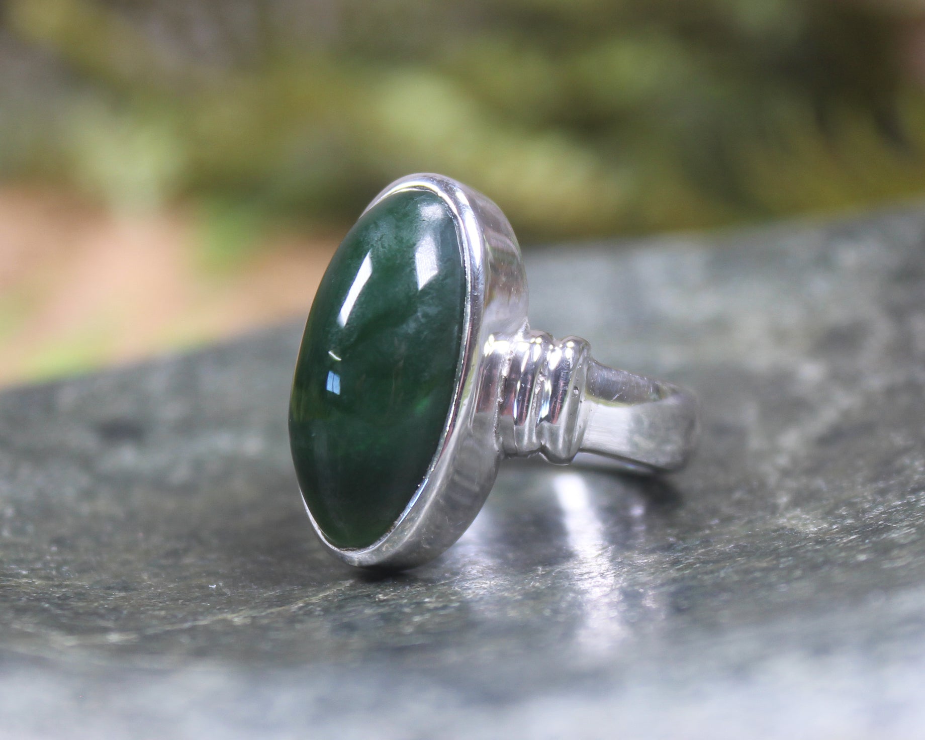 Sterling Silver Kawakawa Pounamu Ring - NZ Greenstone