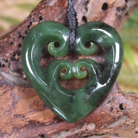Heart with Koru carved from Kawakawa Pounamu - NZ Greenstone