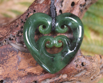 Heart with Koru carved from Kawakawa Pounamu - NZ Greenstone