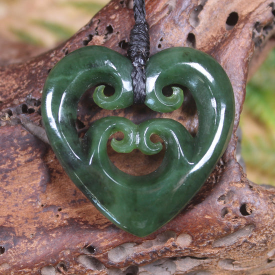 Heart with Koru carved from Kawakawa Pounamu - NZ Greenstone
