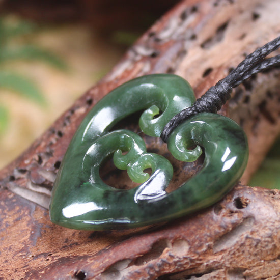 Heart with Koru carved from Kawakawa Pounamu - NZ Greenstone