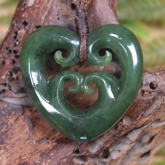 Heart with Koru carved from Kawakawa Pounamu - NZ Greenstone