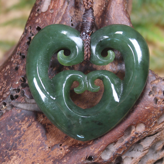 Heart with Koru carved from Kawakawa Pounamu - NZ Greenstone