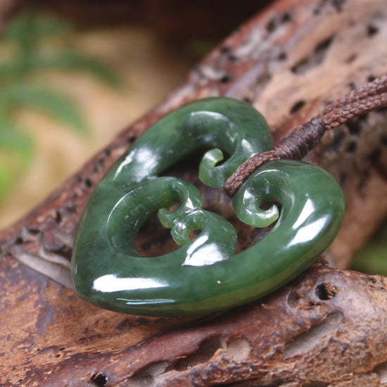 Heart with Koru carved from Kawakawa Pounamu - NZ Greenstone
