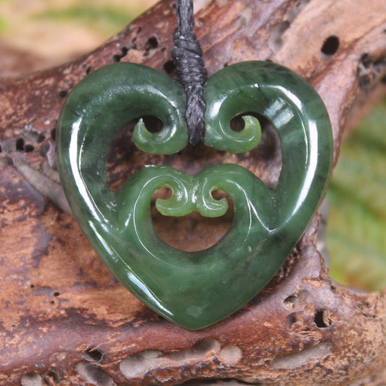 Heart with Koru carved from Kawakawa Pounamu - NZ Greenstone