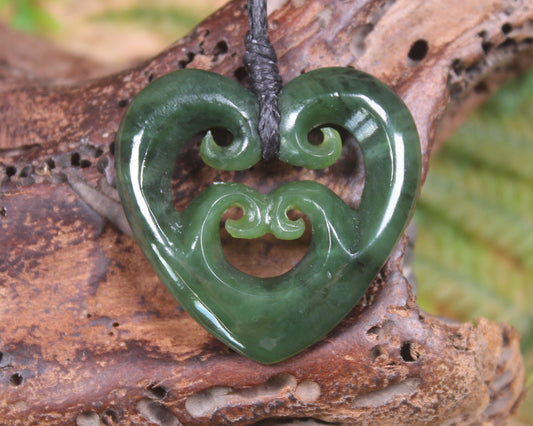 Heart with Koru carved from Kawakawa Pounamu - NZ Greenstone
