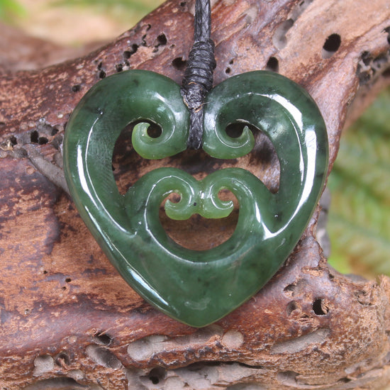 Heart with Koru carved from Kawakawa Pounamu - NZ Greenstone