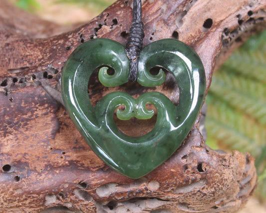 Heart with Koru carved from Kawakawa Pounamu - NZ Greenstone