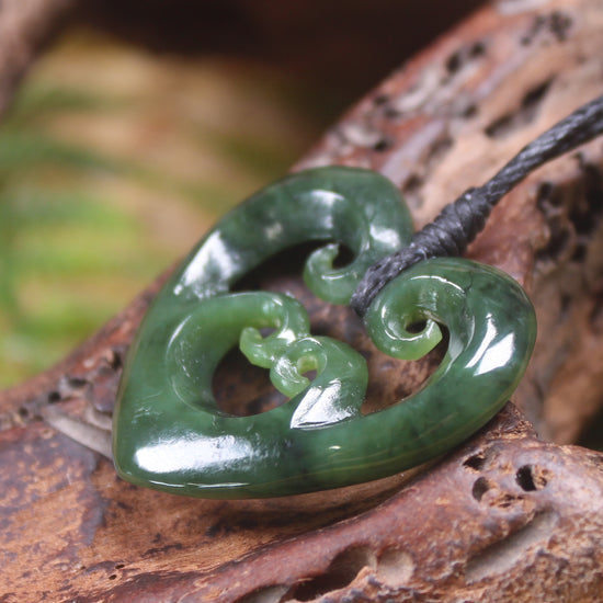 Heart with Koru carved from Kawakawa Pounamu - NZ Greenstone