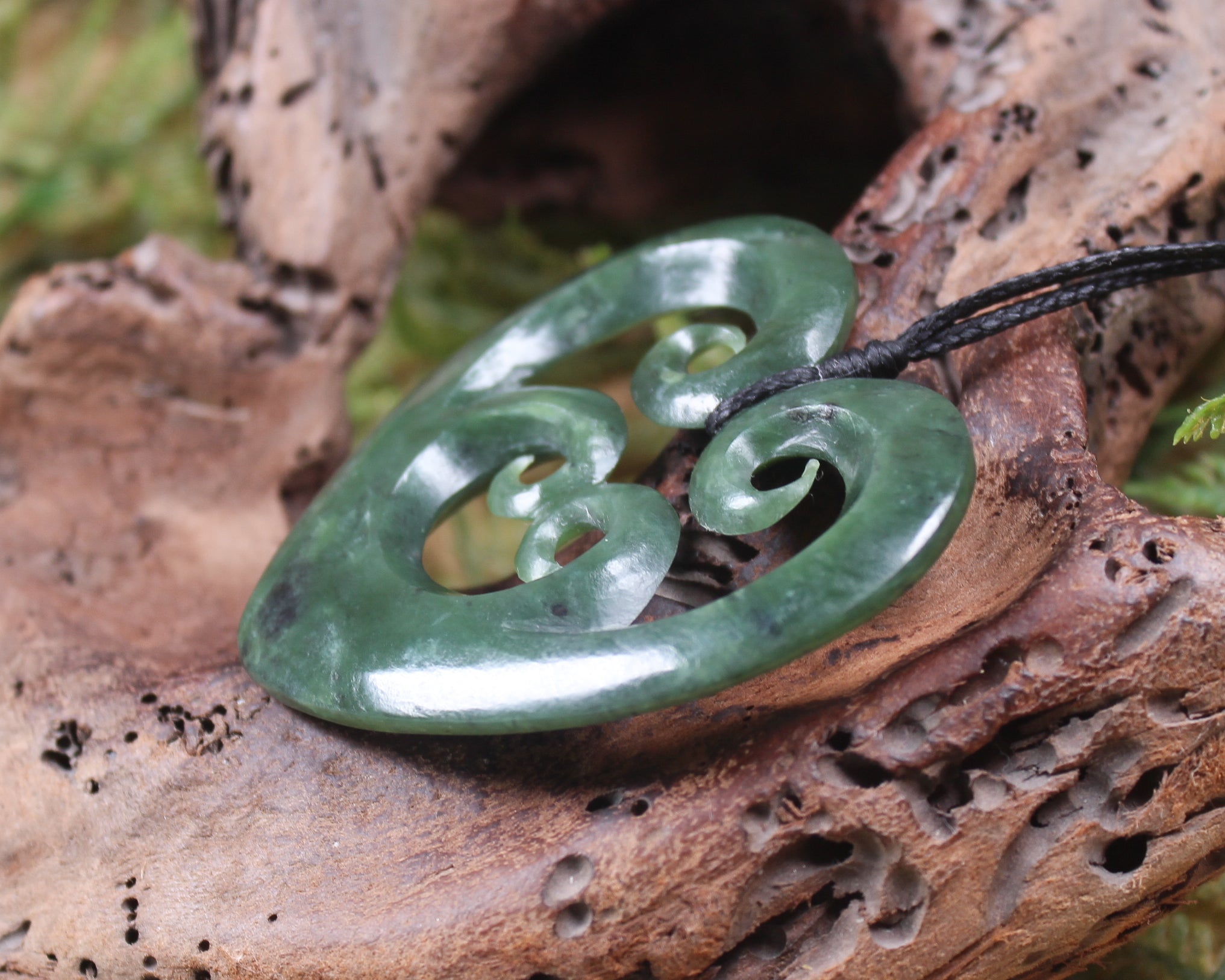 Heart with Koru carved from Hapopo Pounamu - NZ Greenstone