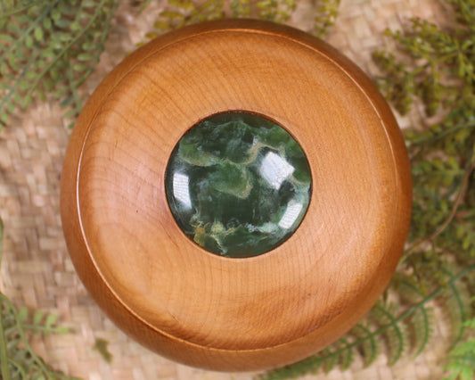 Wooden container with Flower Jade 
Pounamu set into lid - NZ Greenstone