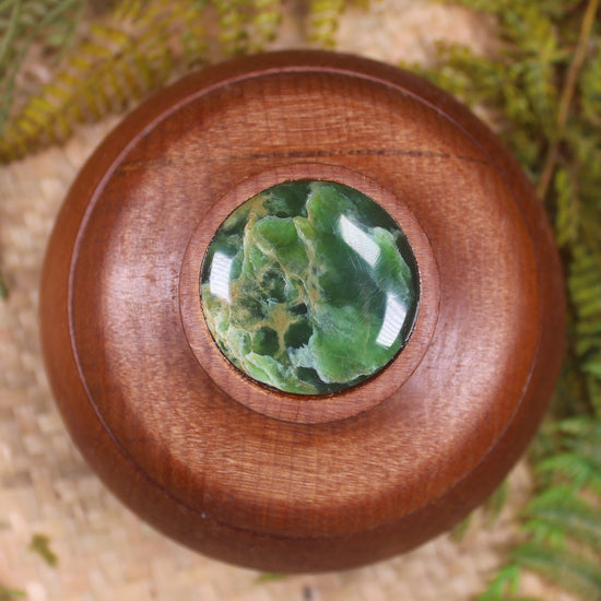 Wooden container with Flower Jade 
Pounamu set into lid - NZ Greenstone