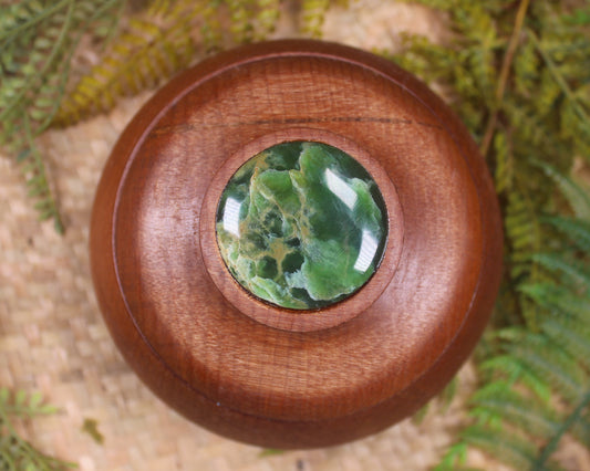Wooden container with Flower Jade 
Pounamu set into lid - NZ Greenstone