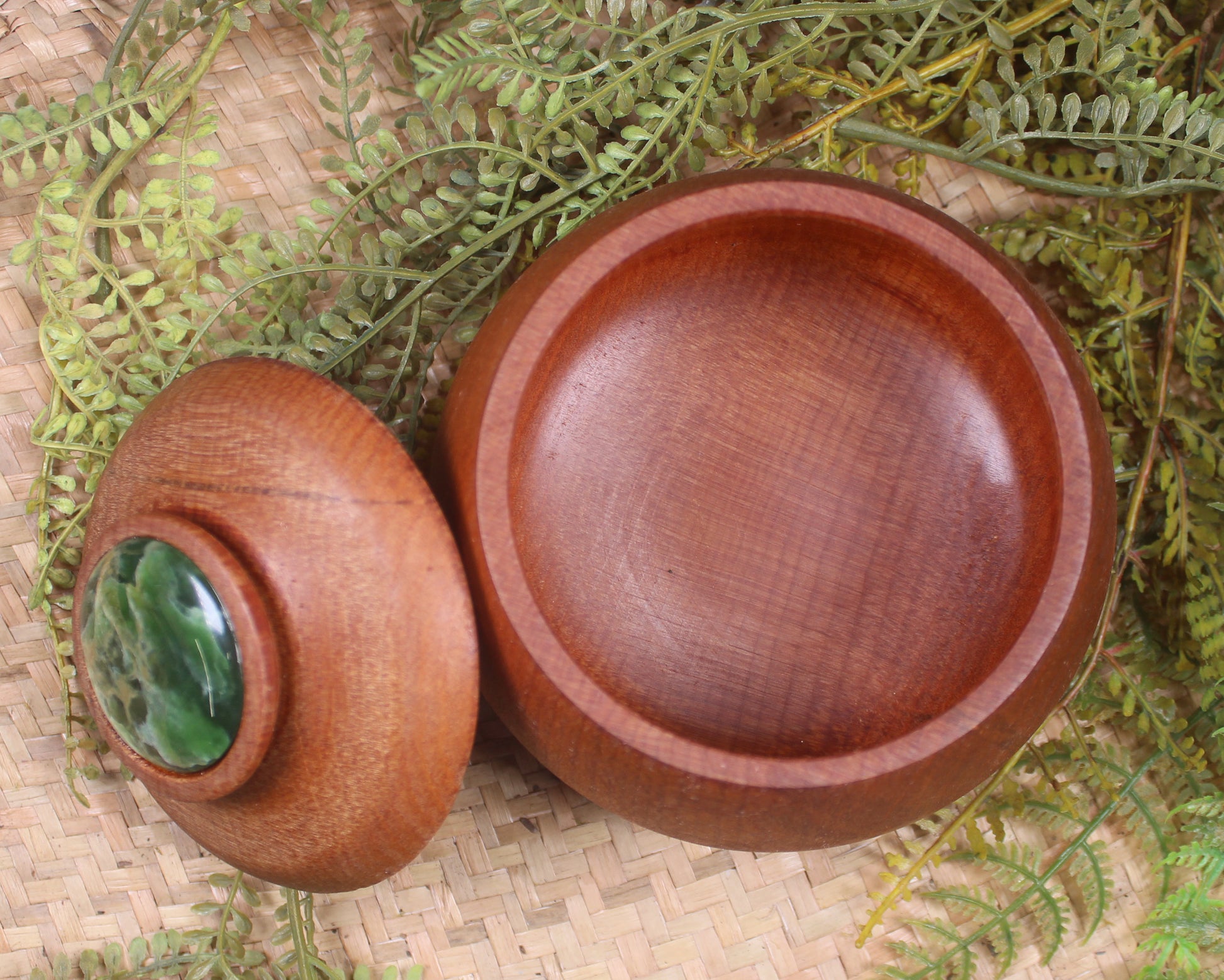 Wooden container with Flower Jade 
Pounamu set into lid - NZ Greenstone
