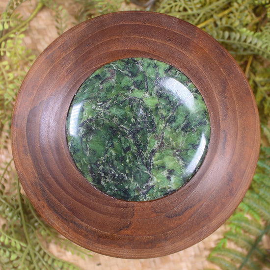 Wooden container with Douglas Creek Pounamu set into lid - NZ Greenstone