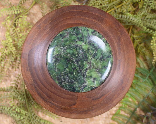 Wooden container with Douglas Creek Pounamu set into lid - NZ Greenstone
