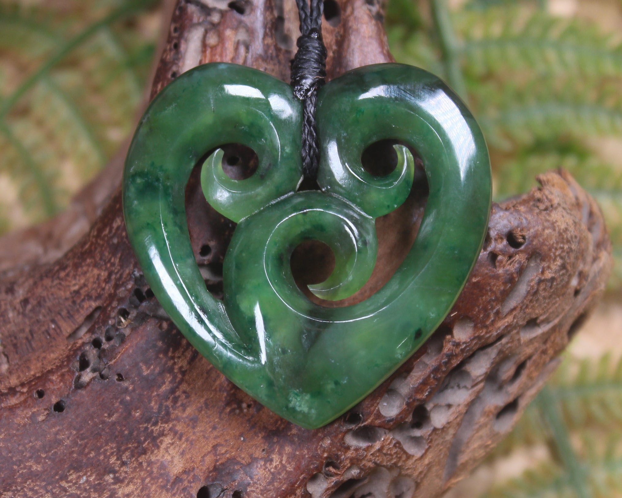 Heart with Koru carved from Kawakawa Pounamu - NZ Greenstone