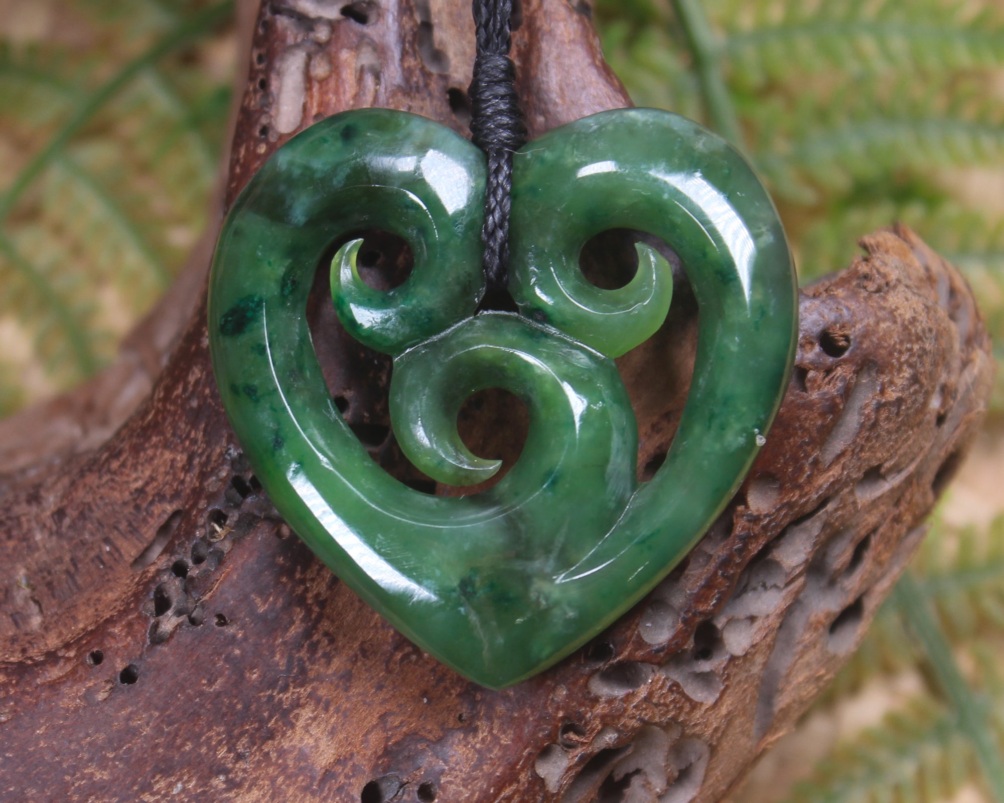 Heart with Koru carved from Kawakawa Pounamu - NZ Greenstone