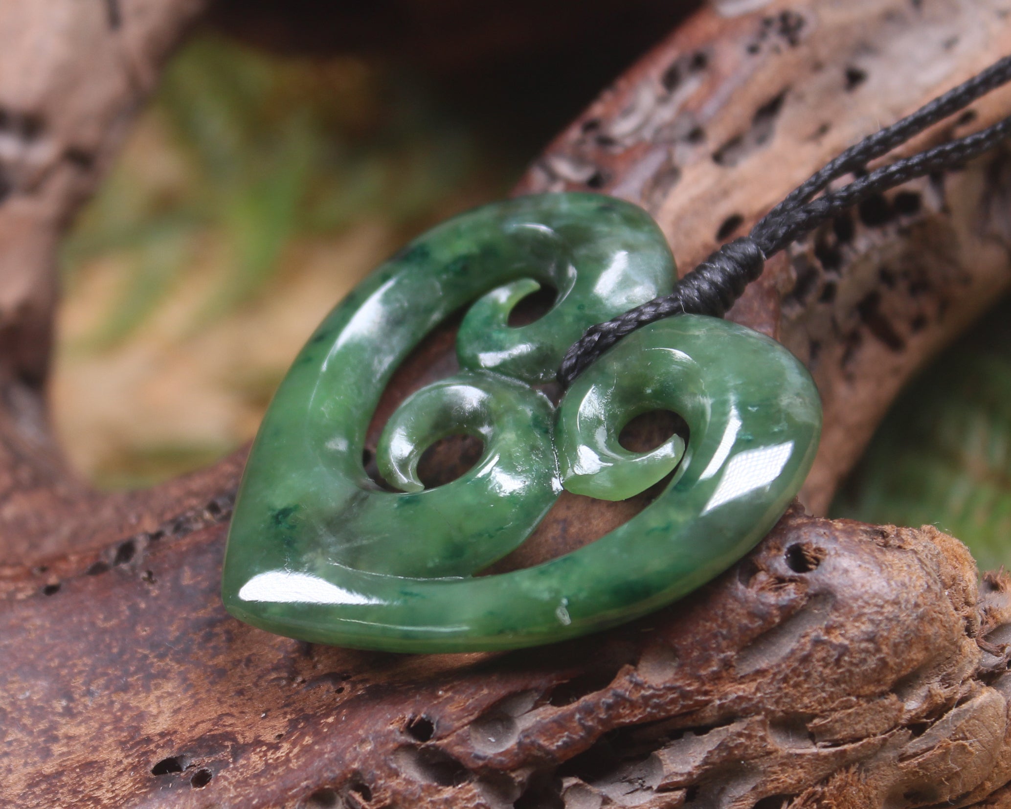 Heart with Koru carved from Kawakawa Pounamu - NZ Greenstone