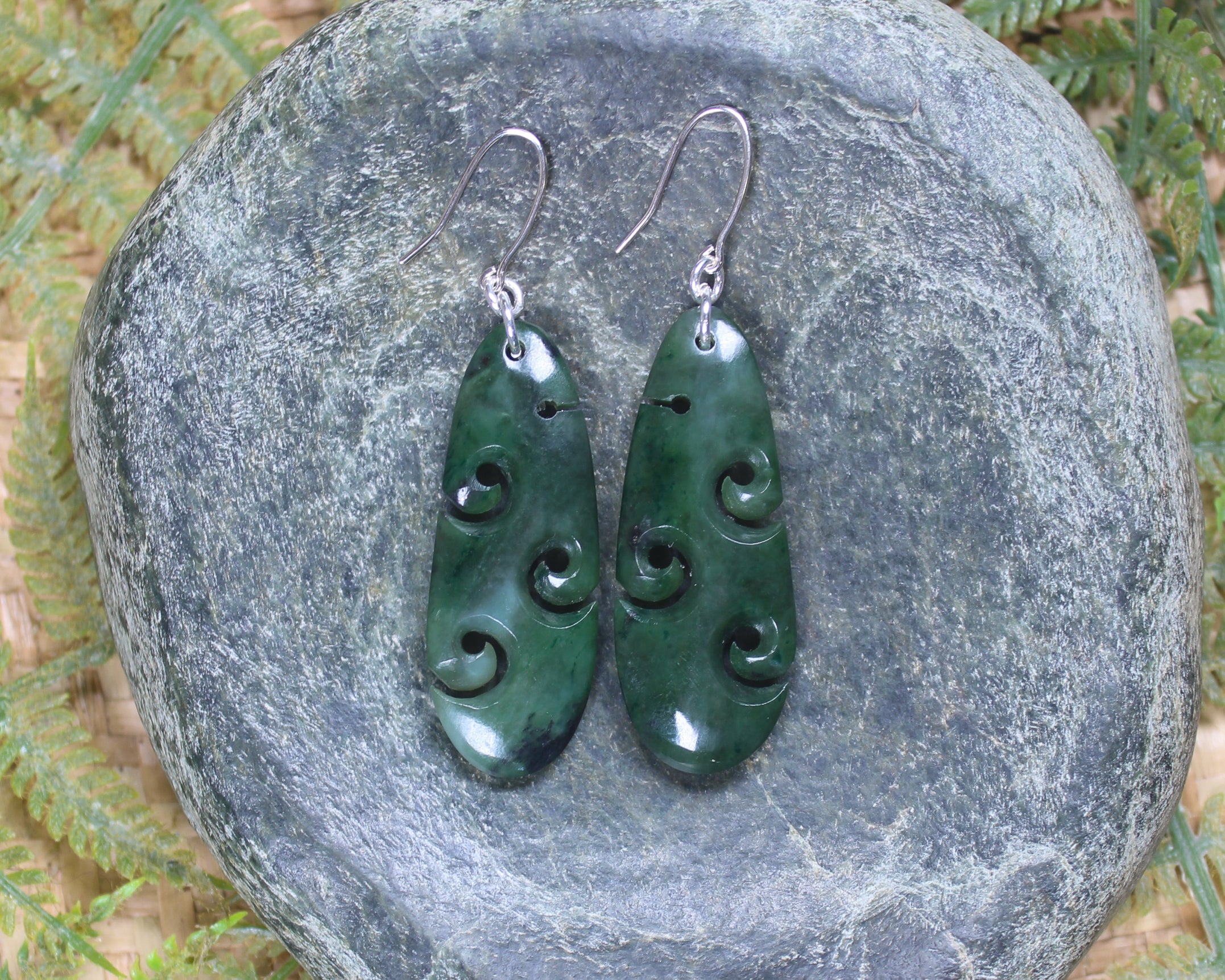 Roimata with Koru earrings carved from Kawakawa Pounamu - NZ Greenstone