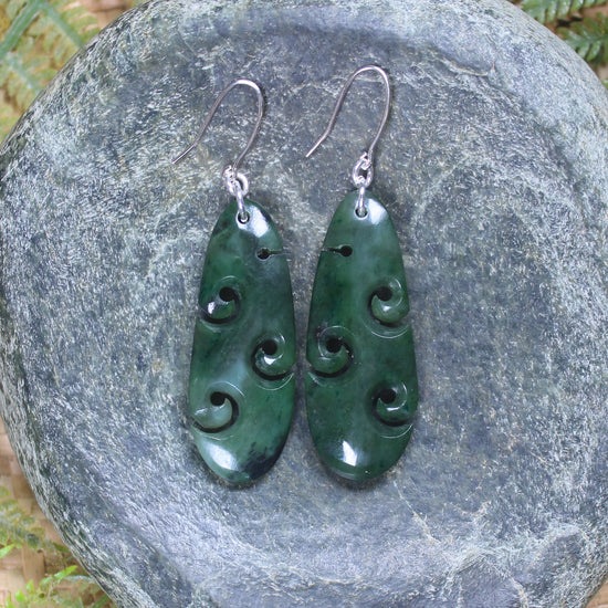 Roimata with Koru earrings carved from Kawakawa Pounamu - NZ Greenstone