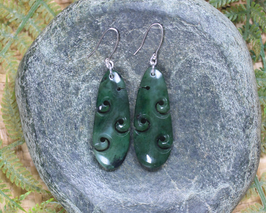 Roimata with Koru earrings carved from Kawakawa Pounamu - NZ Greenstone