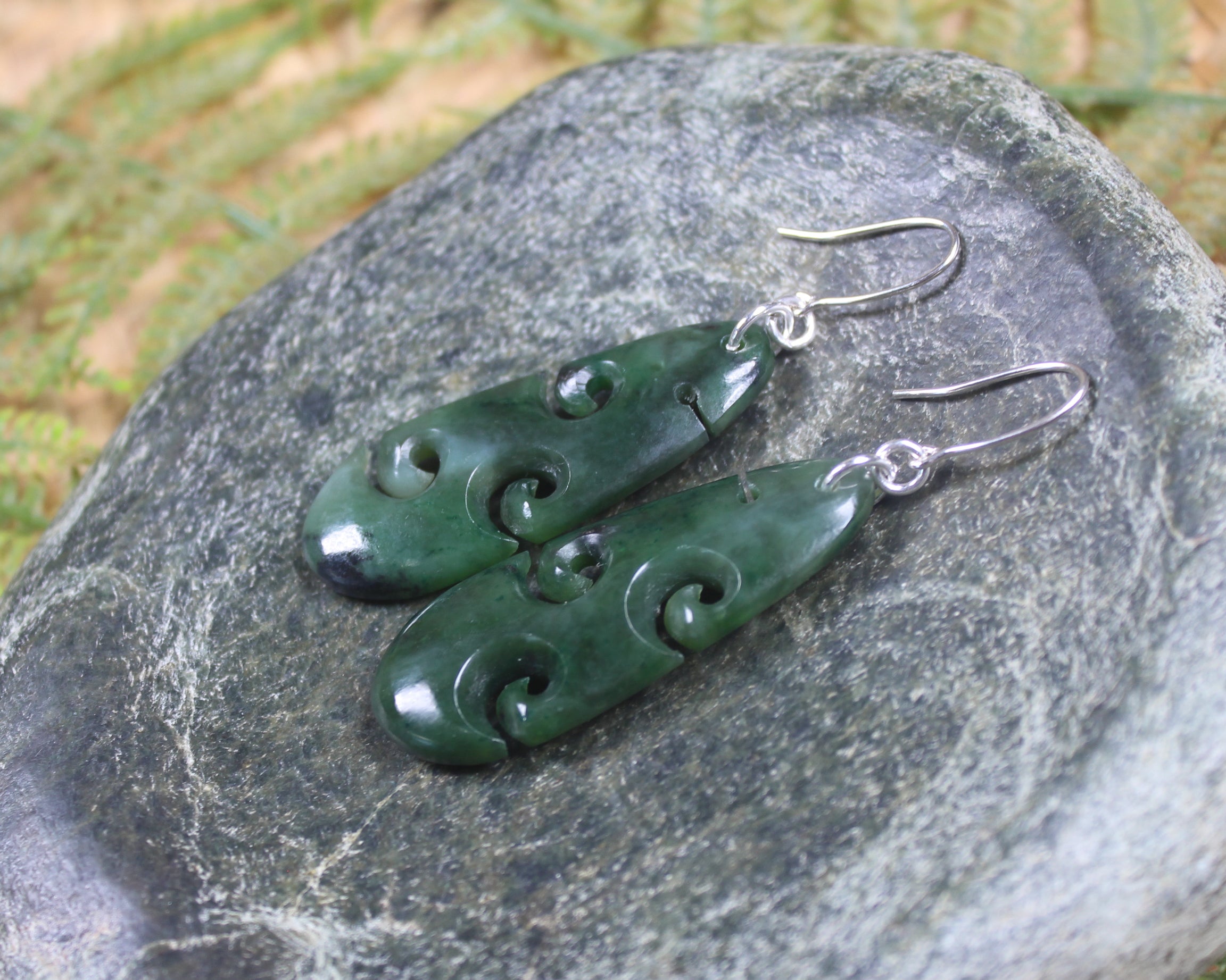 Roimata with Koru earrings carved from Kawakawa Pounamu - NZ Greenstone