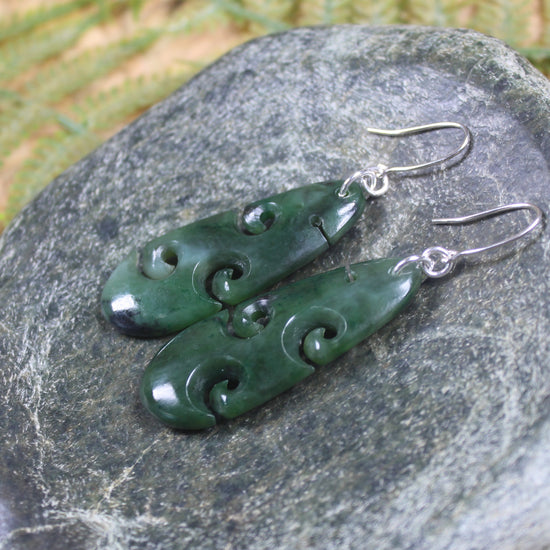Roimata with Koru earrings carved from Kawakawa Pounamu - NZ Greenstone